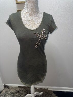 Velvet Stone Olive Green Short-Sleeve Jeweled Cross Camisole